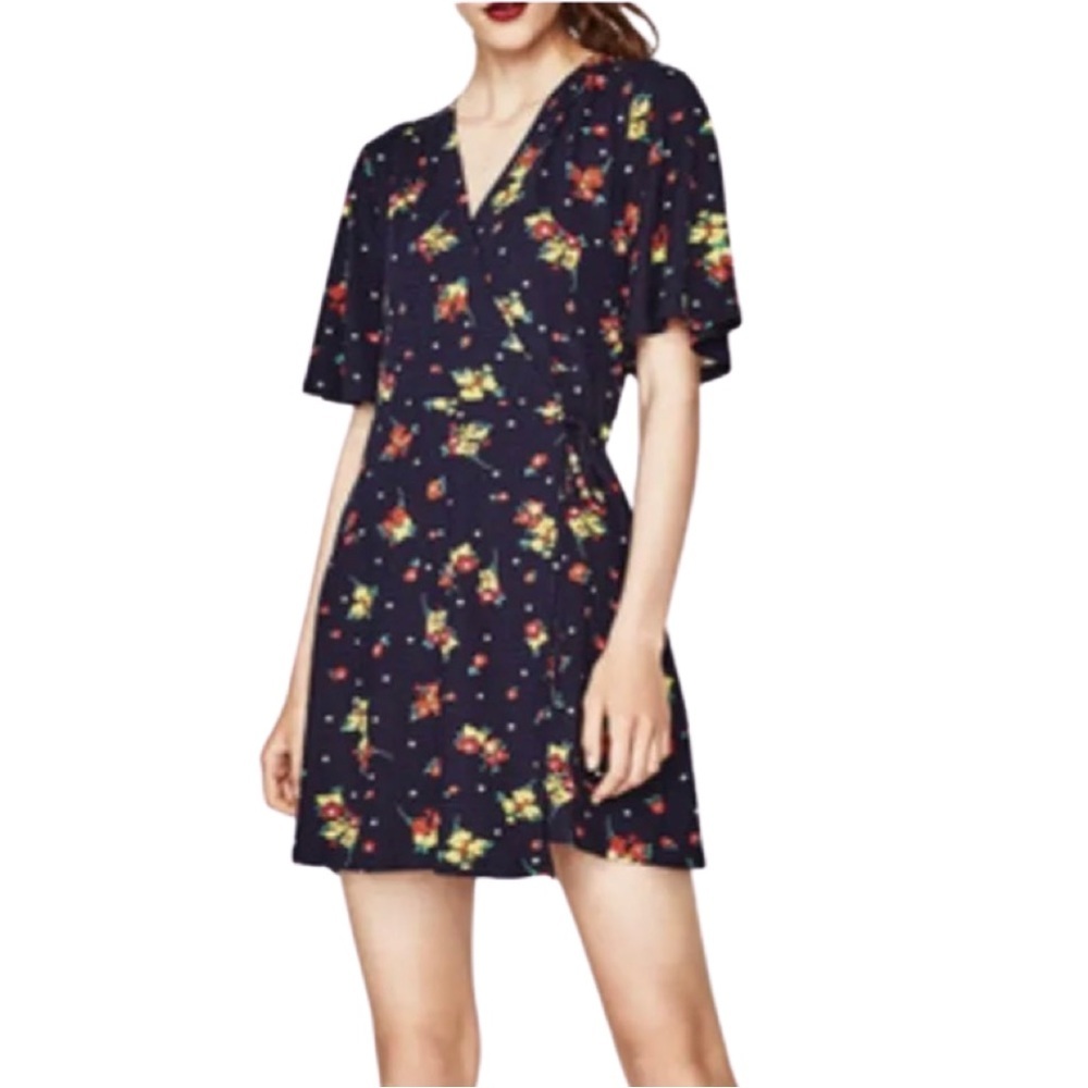 Zara Trafaluc Floral V-Neck Wrap Dress Size Small